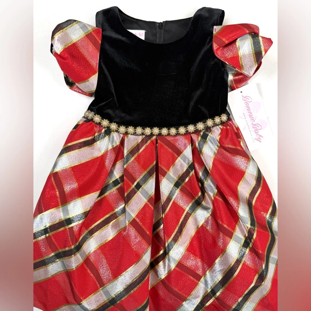 NWT BONNIE BABY Girl Red Plaid Velvet Holiday Dress Shoulder Bow Sleeves 24M NEW